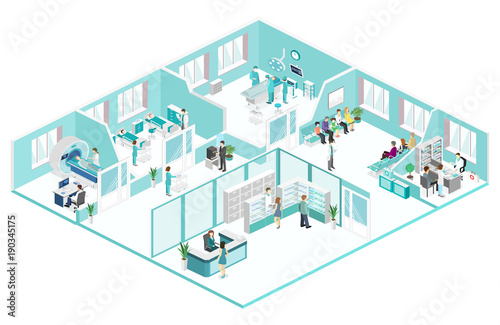 Isometric flat interior ofwaiting room, reception, mri, operating.