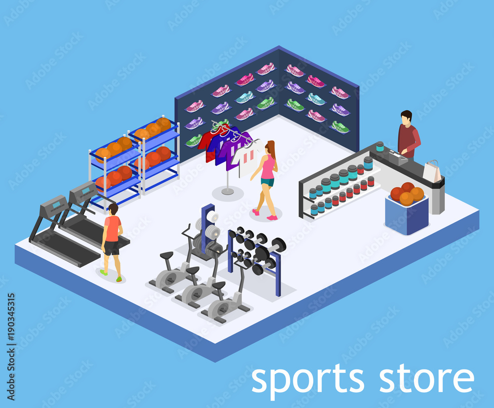 Obraz premium Isometric flat 3D vector interior goods for the sports shop.