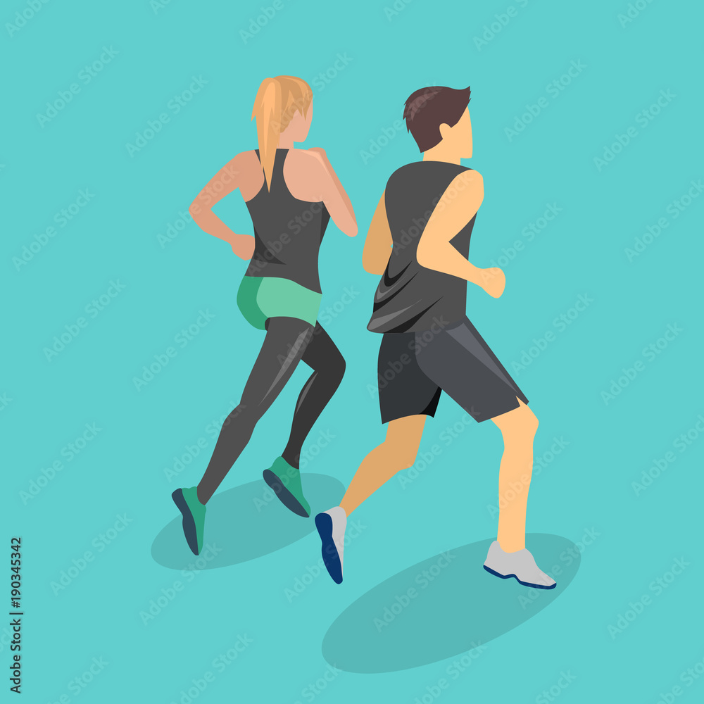 Isometric flat 3D isolated concept people running on the road