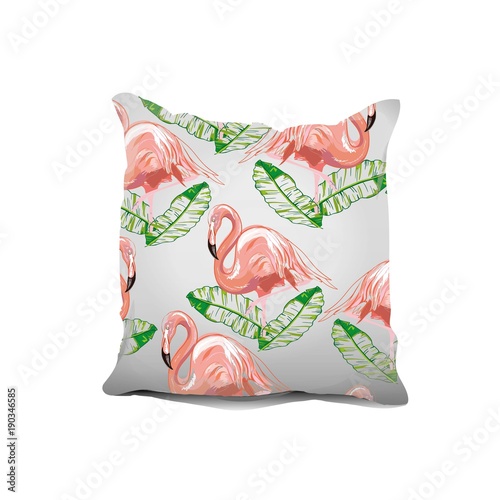 Interior design element: Decorative pillow with patterned pillowcase (floral pattern - black and white Dahlia flowers). Isolated on white. Vector illustration.