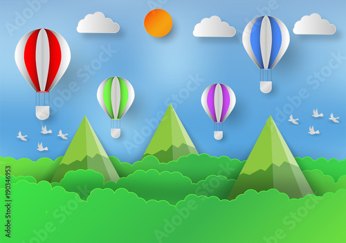 Paper art style of Landscape With Balloon, Mountains and Forests to save the world and ecology idea, Abstract Background, vector illustration