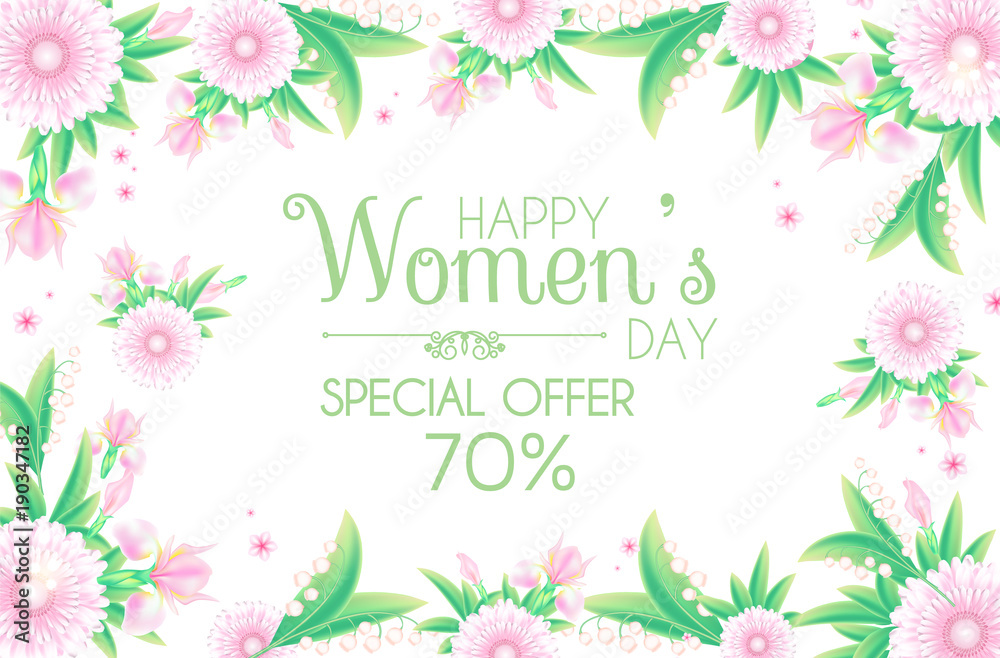8 March. Women's Day Greeting and Invitation with Soft Flowers. Cute Card Design Template for Birthday, Anniversary, Wedding, Baby and Bride Shower and so on. 8 March. Women's Day Greeting and Invitation with Soft Flowers. Cute Card Design Template for Birthday, Anniversary, Wedding, Baby and Bride Shower and so on.