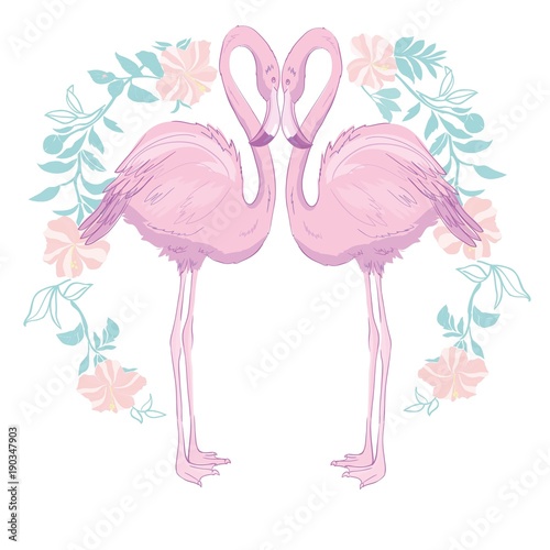 Pink flamingo vector illustration isolated on green background.