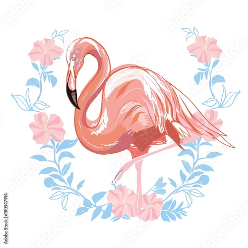 Pink flamingo vector illustration isolated on green background.