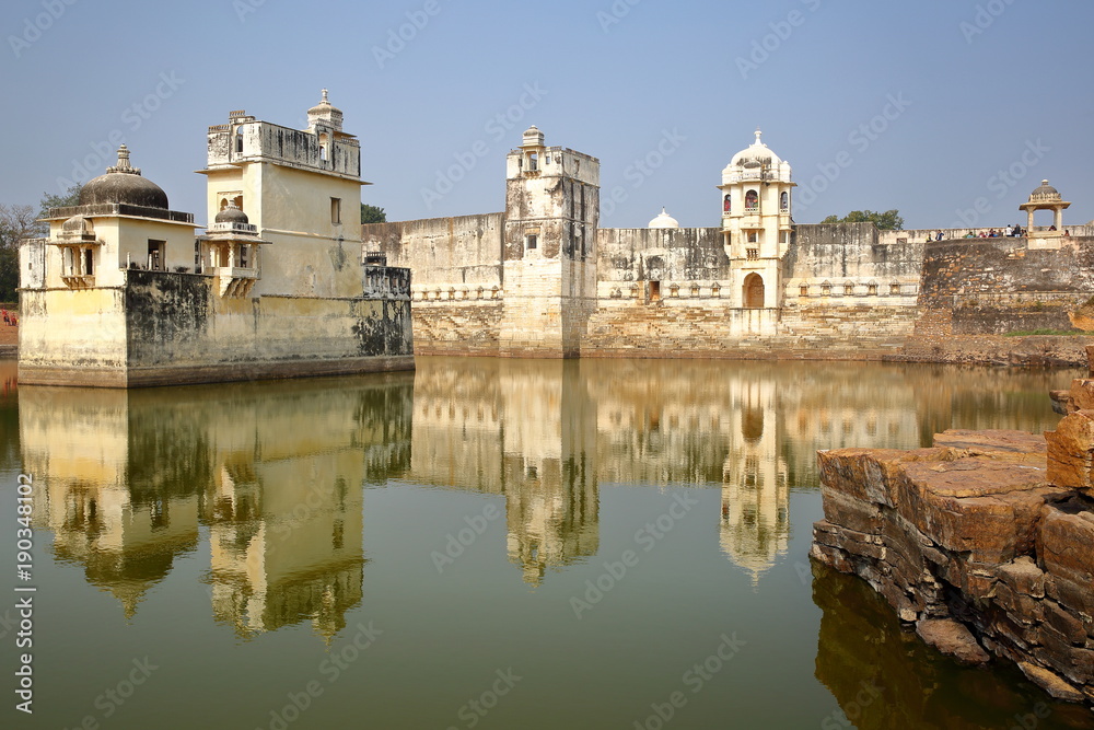 Reflections of Padmini's Palace, located inside the fort (Garh) of Chittorgarh, Rajasthan, India