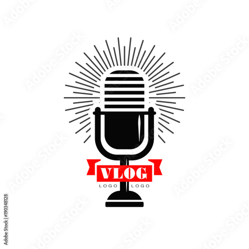 Vlog and blog logo with black retro microphone and red ribbon