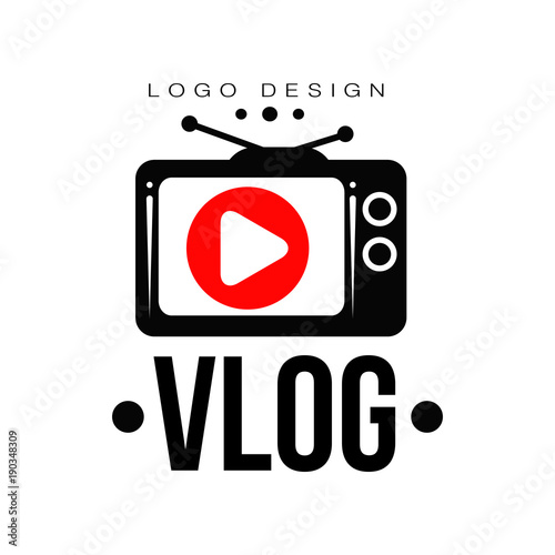 Creative logo for video vlog or channel. Emblem with red play button on retro TV screen. Trendy vector label with place for your text. Internet television