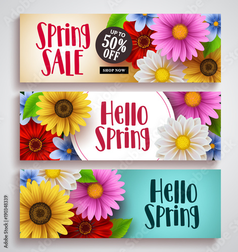 Spring sale and hello spring vector banner set designs with colorful background templates and various daisy flowers for spring season discount promotion and greeting cards. Vector illustration.
