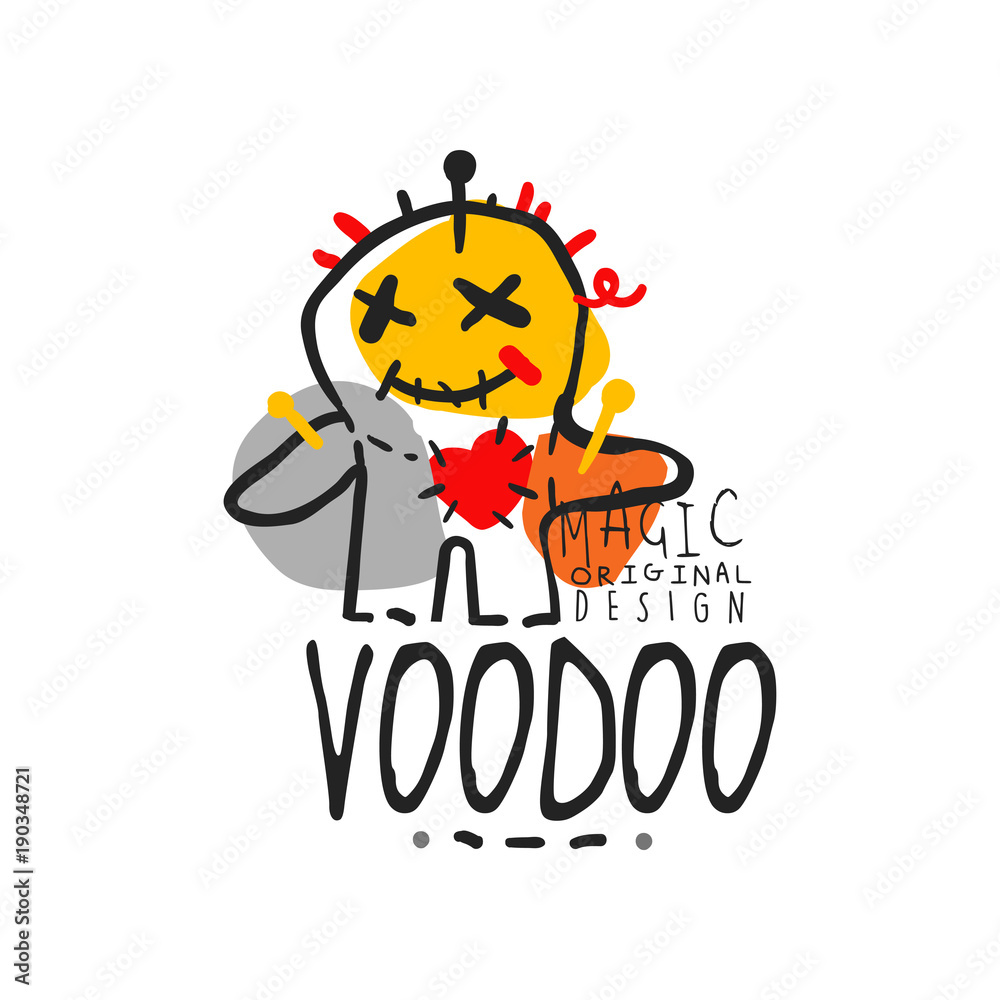 Adorable voodoo doll with needles for mystical store logo or label template. Traditional religion. Hand drawn vector illustration isolated on white.