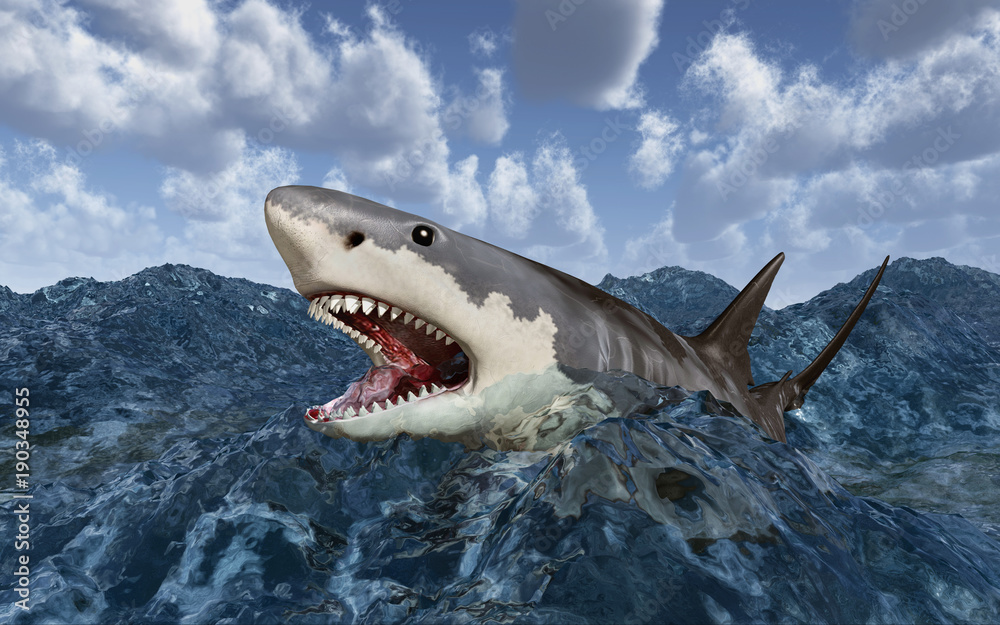 Naklejka premium Great white shark in the stormy sea