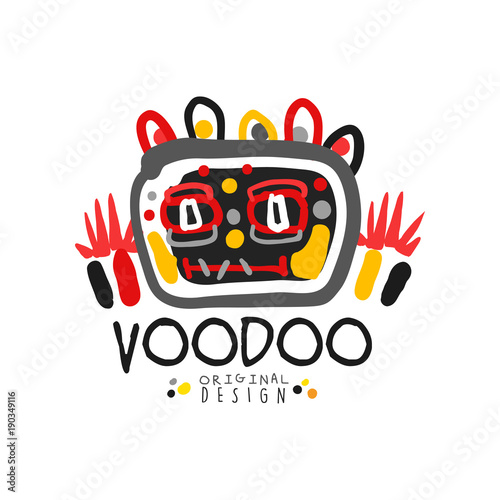 Kid s style Voodoo magic logo original template design with abstract scary head and decoration. Magical or mystical theme print. Hand drawn vector illustration