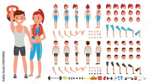 Fitness Girl, Man Vector. Animated Sport Male, Female Character Creation Set. Full Length, Front, Side, Back View, Accessories, Poses, Face Emotions, Gestures. Isolated Flat Cartoon Illustration
