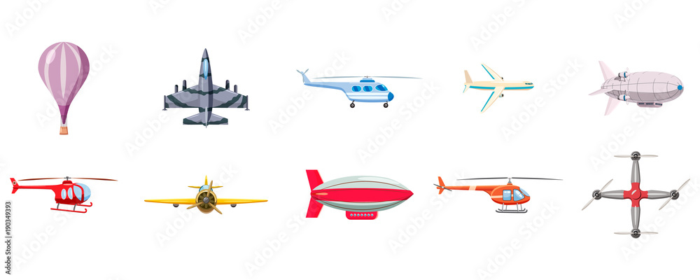Airship icon set, cartoon style Airship icon set, cartoon style