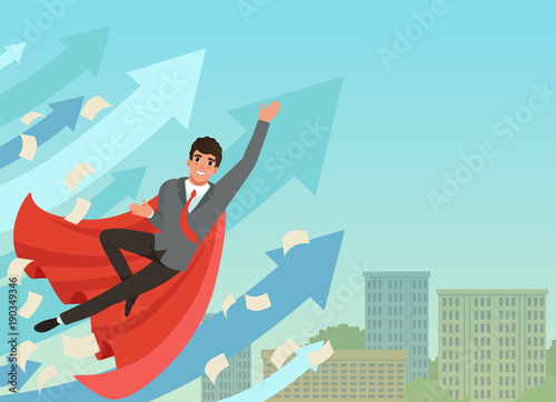 Businessman flying up with growing statistics arrows. Successful young worker in formal suit and red superhero cloak. Blue sky and office building on background. Flat vector
