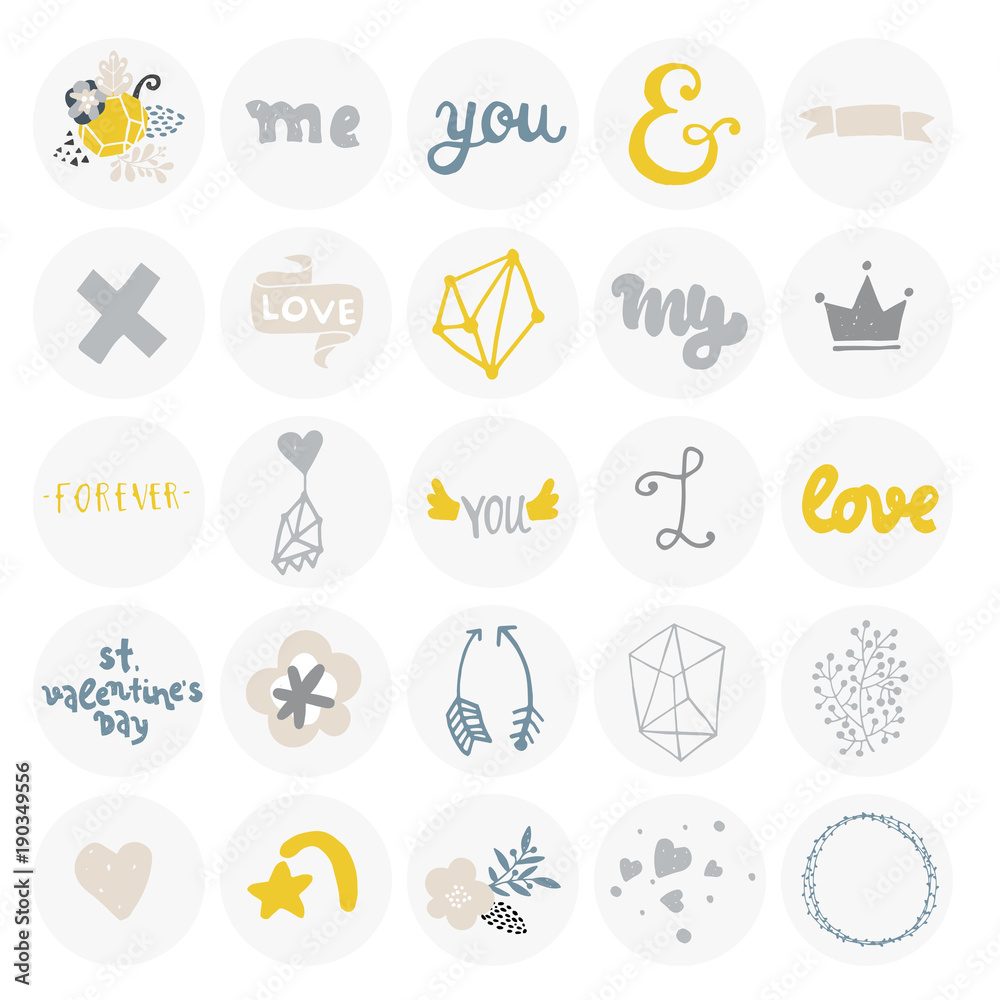 Loft set of love graphic elements, stickers with lettering, polygon, flowers, leaf and branches.