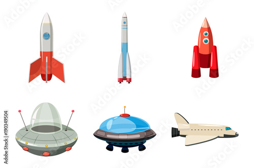 Spaceship icon set, cartoon style