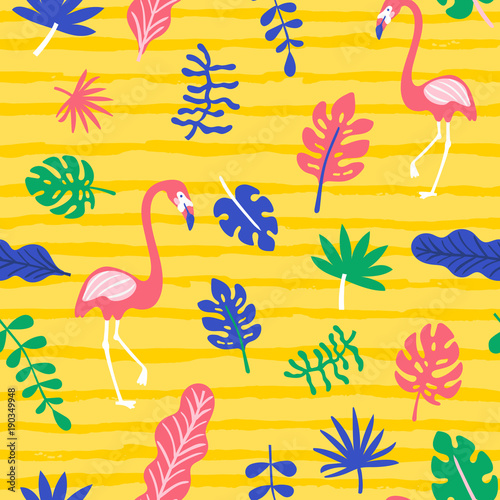 Summer exotic floral tropical palm leaves  flamingo background. Vector abstract memphis seamless pattern. Plant flower nature wallpaper.