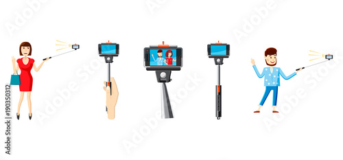 Selfie stick icon set, cartoon style
