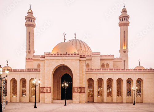 Exterior of Al Fateh grand mosque in evening.  Manama, Bahrain photo