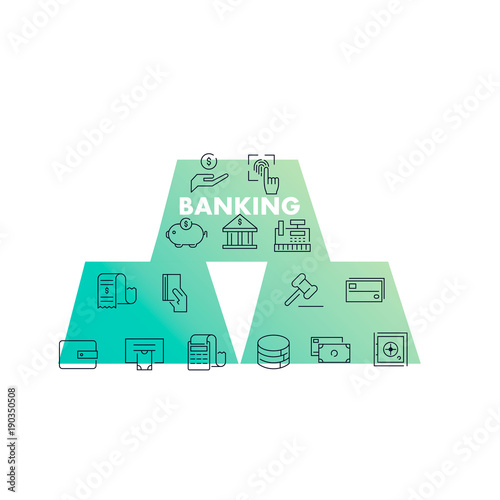 Line icons in gold shape. Banking 