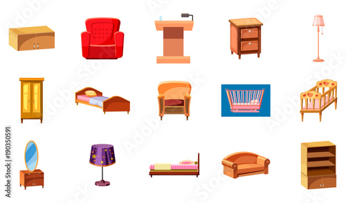 Furniture icon set, cartoon style