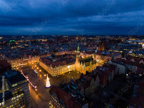 Aerial: Old square of Wroclaw at night