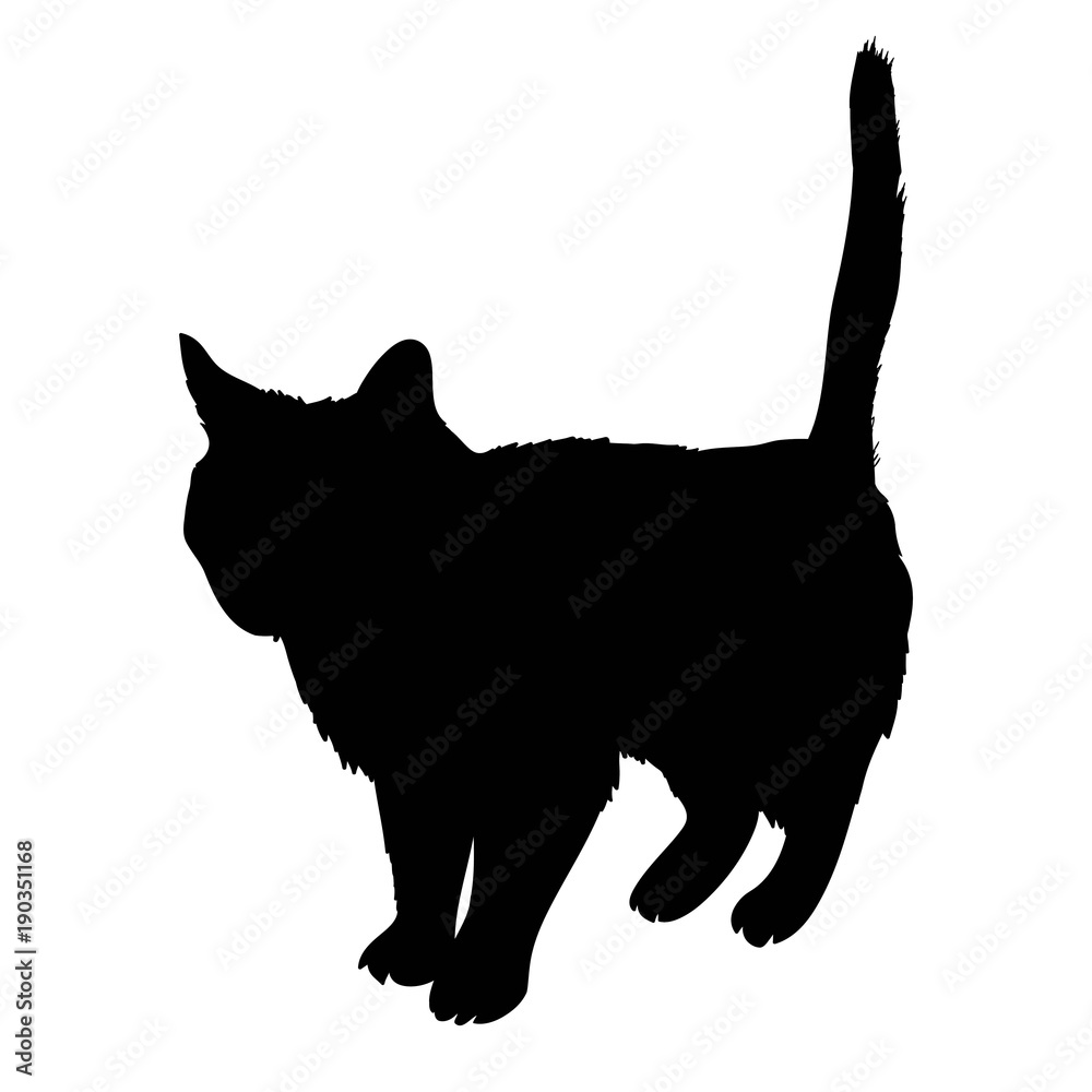 Black silhouette of cat sitting sideways isolated on white background ...