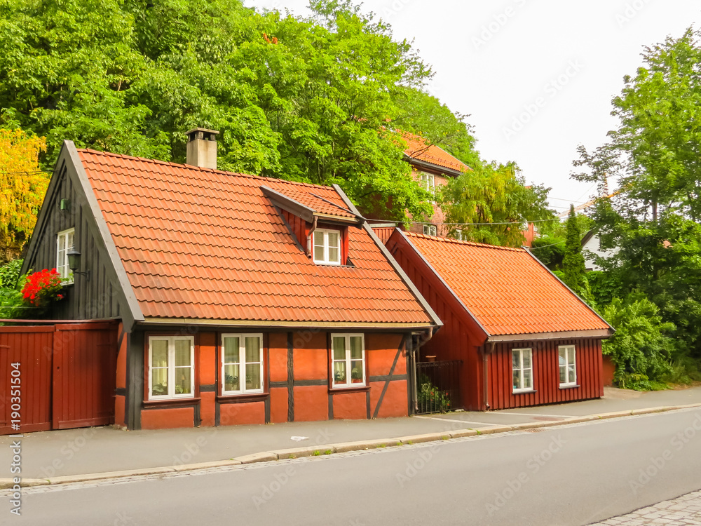 Damstredet, residential area of Oslo with old wooden houses. Landmark of Oslo, Norway capital