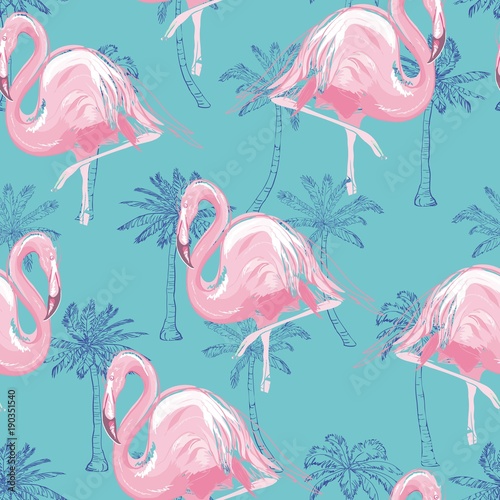 Seamless tropical palms pattern. Summer endless hand drawn vector background of palm trees can be used for wallpaper, wrapping paper, textile printing.Vector illlustration.