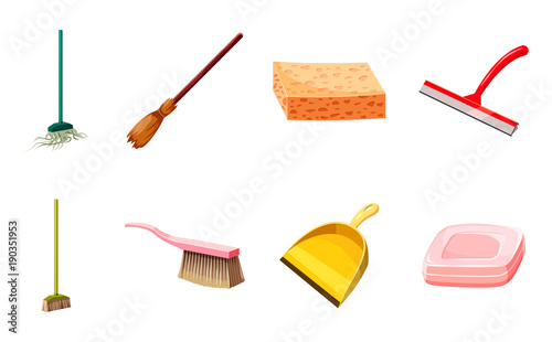 Cleaning tools icon set, cartoon style