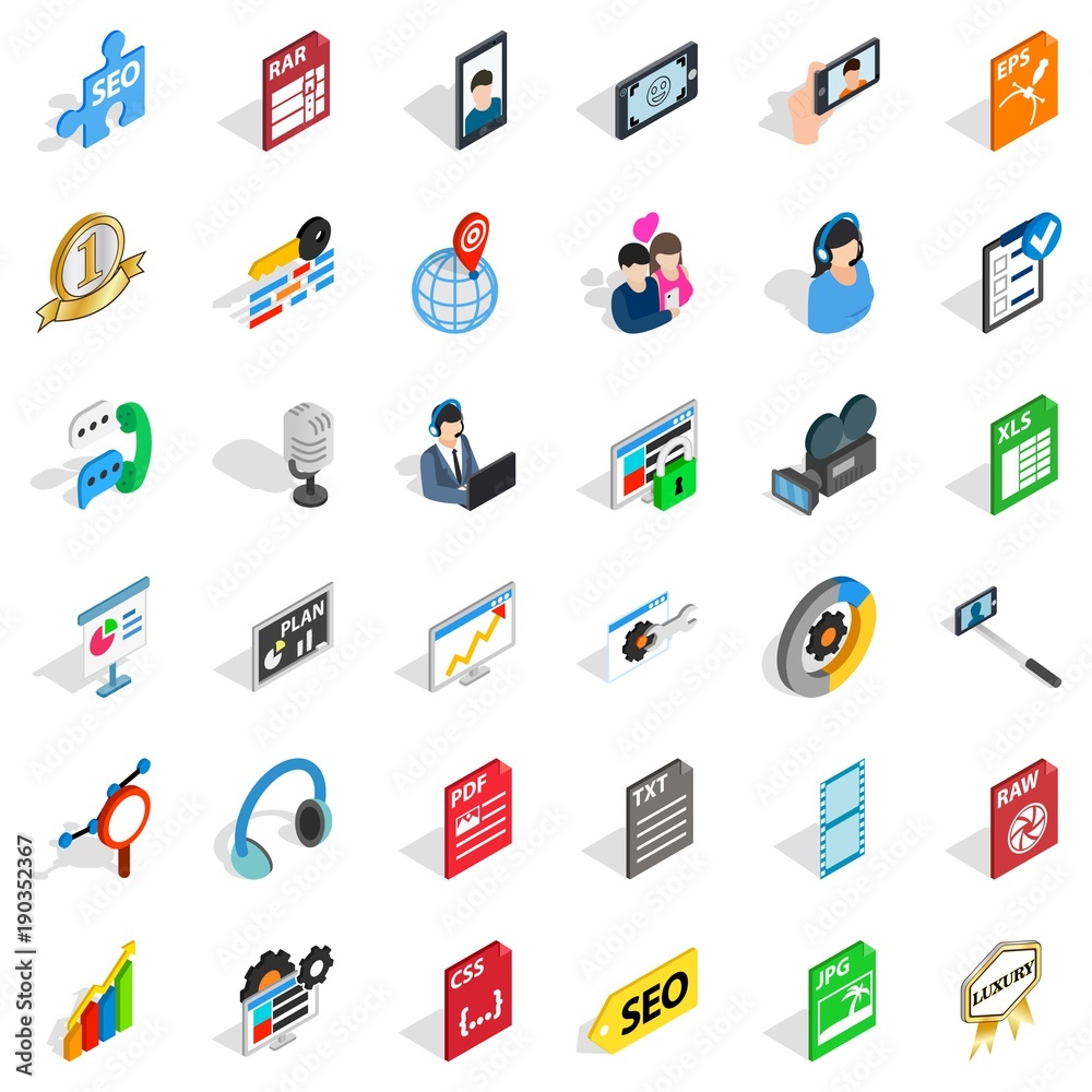 Mass press icons set, isometric style Mass press icons set, isometric style