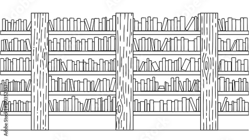 Hand drawn books on bookshelf for background, design element and coloring book page for kids. Vector illustration