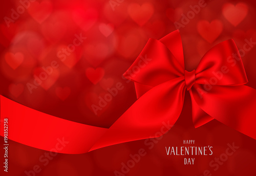 Happy Valentines Day. Holiday background with bow and red long ribbon. Vector template with greeting text