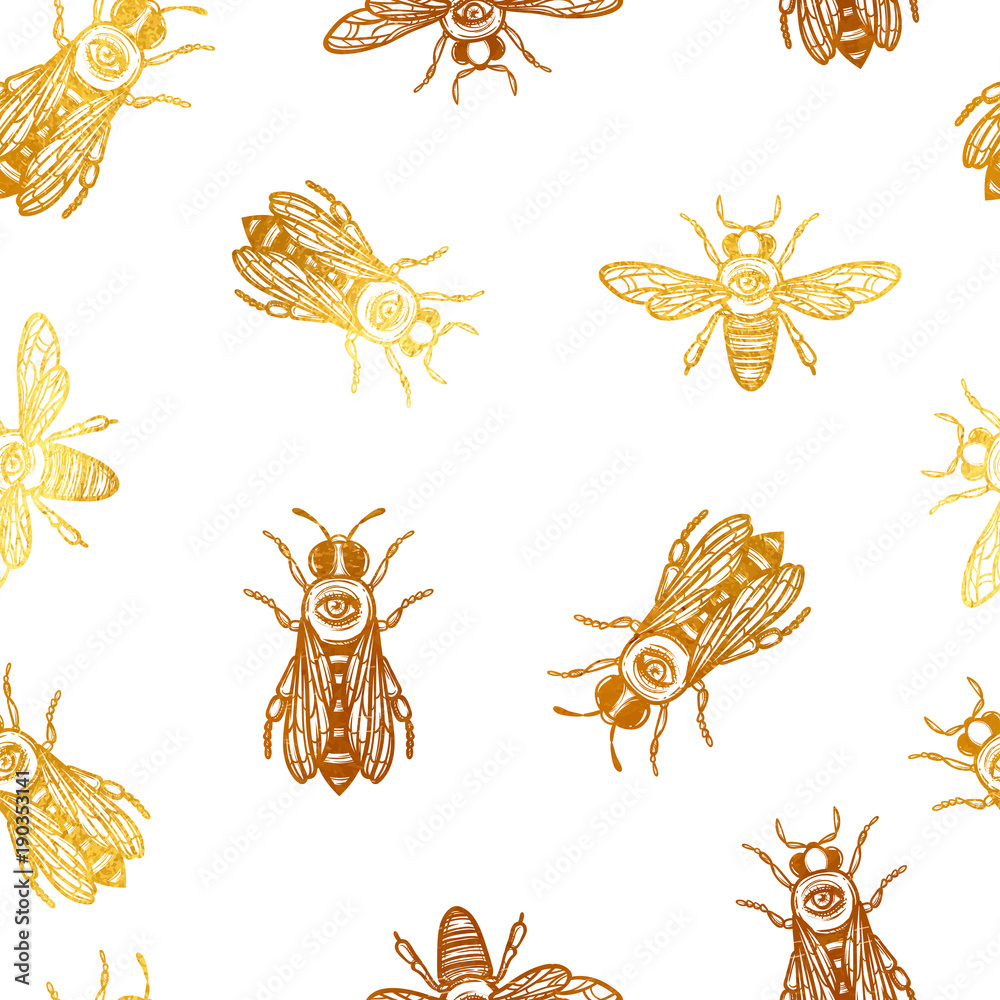 seamless vector pattern with bees. bees with eye. occult bees and fly. gold insect.