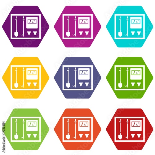 Fire shield icon set color hexahedron