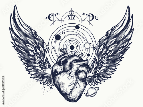 Heart and wings in space tattoo. Anatomic heart and angel wings among galaxies and planets. Symbol of love, philosophy, psychology, imagination, dream. Surreal heart t-shirt design