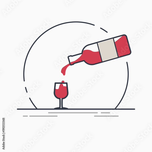 Bottle of red wine with glass. Wine flowing from bottle to glass. Line modern art style. Alcohol drink for restaurant or food banner. Old, retro style wine liquor illustration.