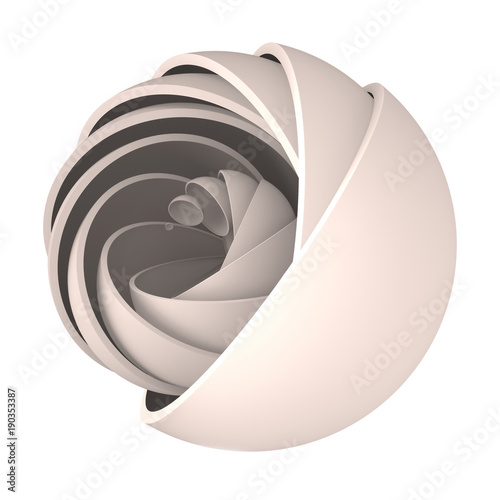 3D render abstract background. Black and white shapes in motion. Hemisphere revolve in a spiral. Computer generated digital art for poster, flyer, banner background or design element.