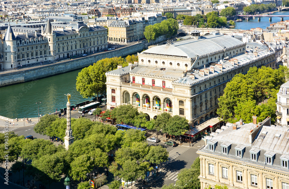Théâtre du Châtelet and Seine river seen from Tour Saint-Jacques, Paris, France