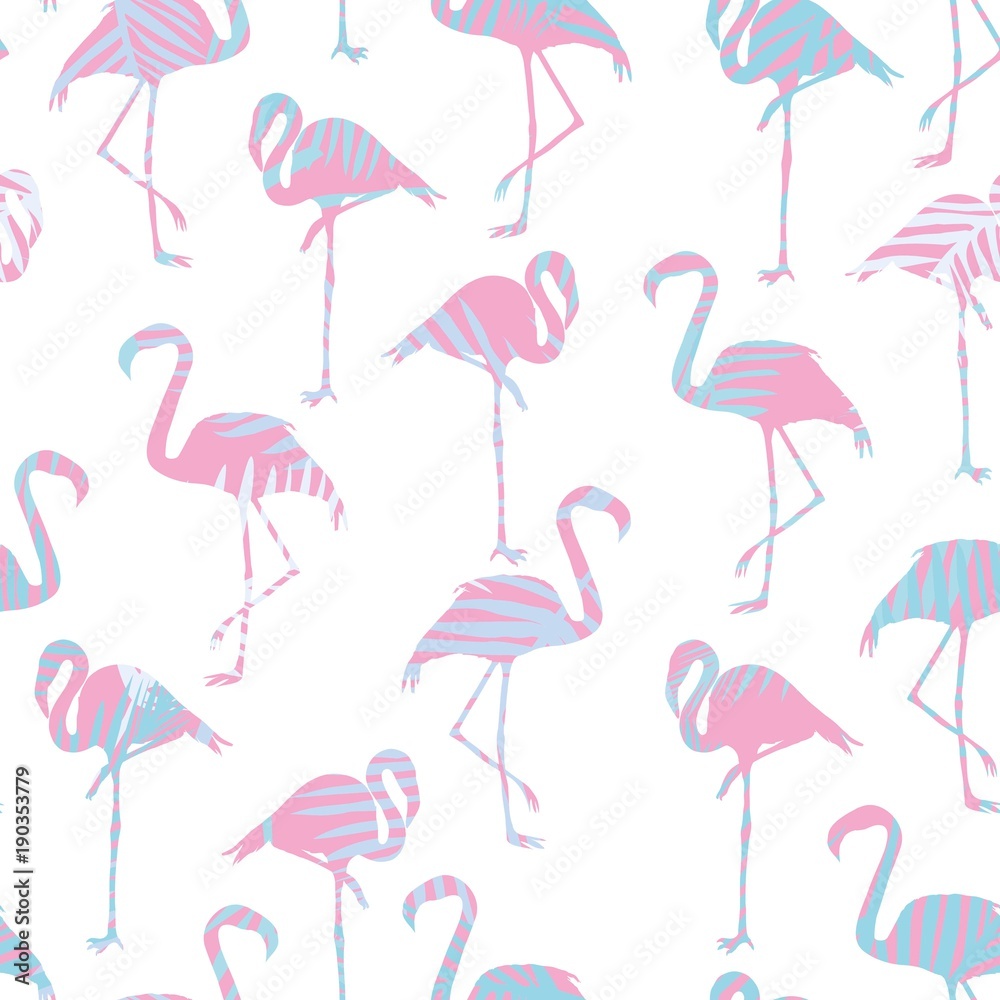 Obraz premium Beautiful seamless vector tropical pattern background with flamingo and hibiscus. Abstract texture, stripes. Perfect for wallpapers, web page backgrounds, surface textures, textile.