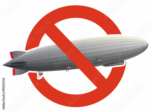 Prohibition of huge zeppelin airship filled with hydrogen. Strict ban on construction of flying balloon, forbidden. Stop legendary long zeppelin, white background. Isolated blimp vector illustration.