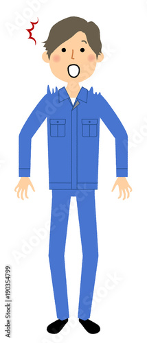 作業服の男性　驚く