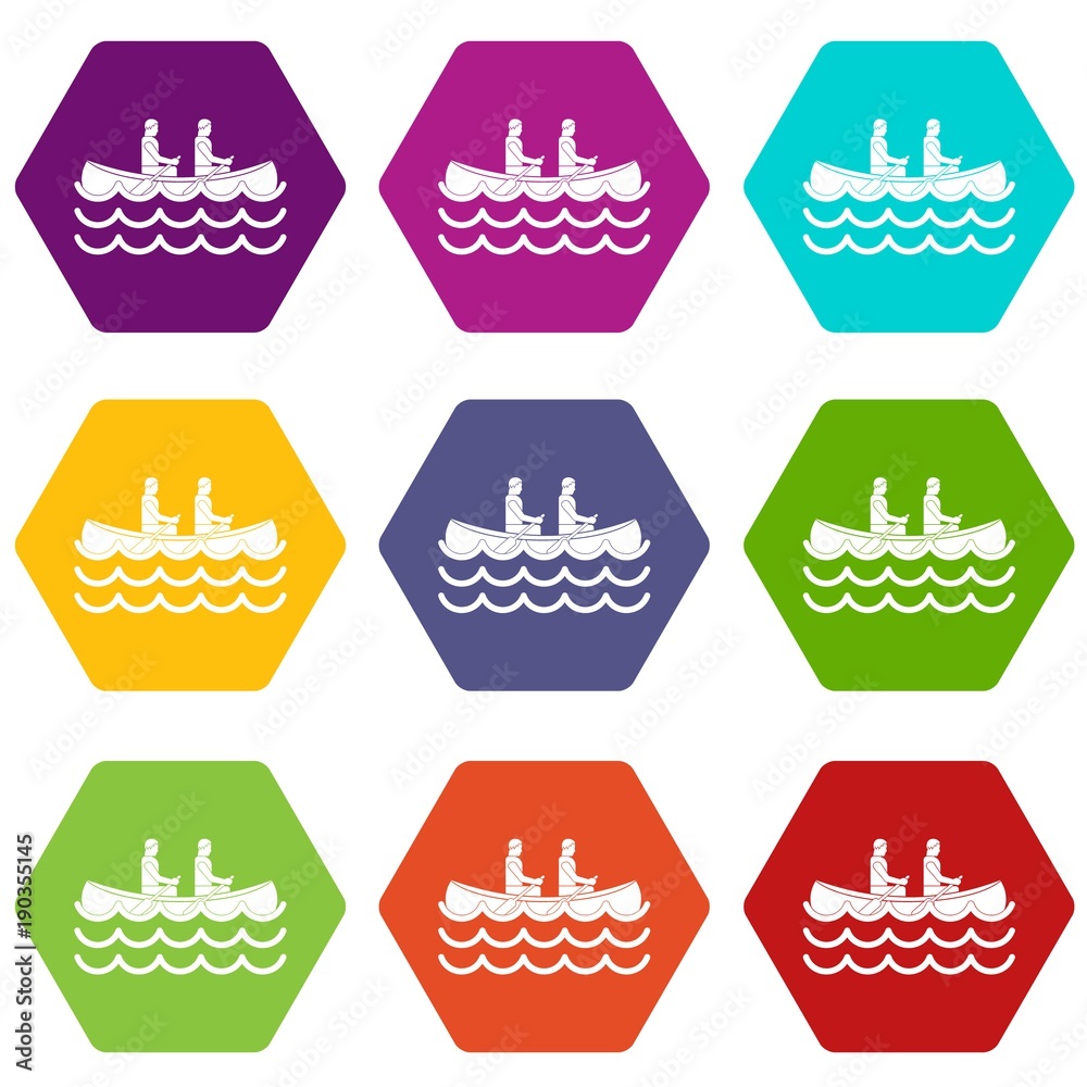 Canoeing icon set color hexahedron Canoeing icon set color hexahedron