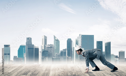 King businessman in elegant suit running and modern cityscape at