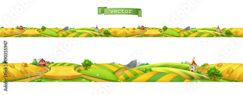 Farm. Landscape, seamless panorama. 3d vector illustration