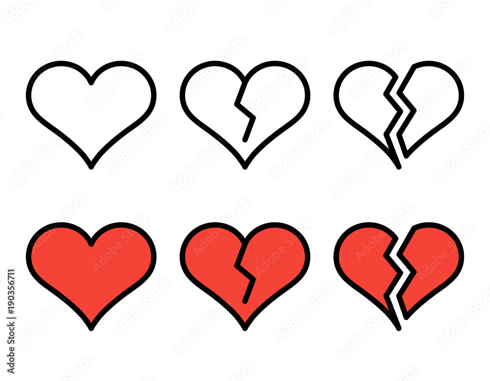 Set of outline broken heart icons isolated on white background. Line love pictograms. Amour sign. Valentines day symbols for website design, mobile app, logo, ui. Editable stroke. Vector illustration.