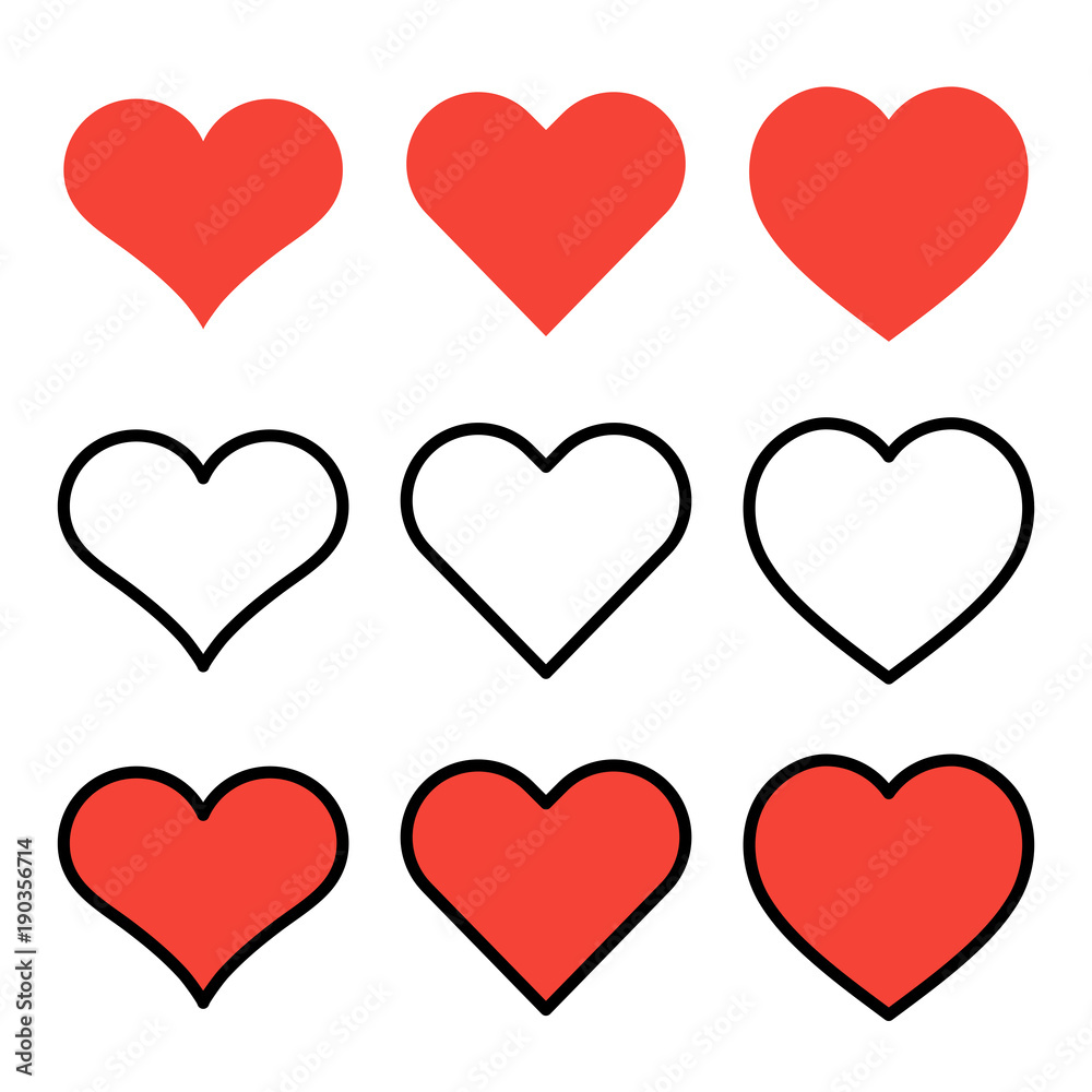 Set of outline red heart icons isolated on white background. Line love pictograms. Valentines day symbols for website design, mobile application, logo, ui. Editable stroke. Vector illustration. Eps10.