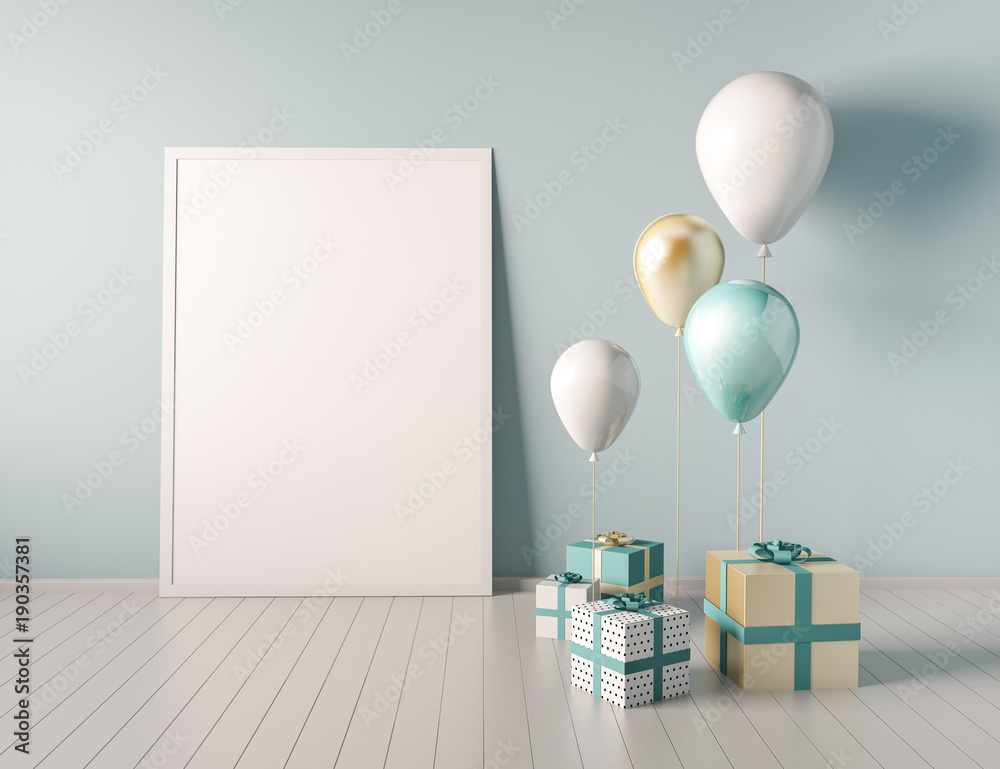 Interior mock up scene with blue and gold gift boxes and balloons ...