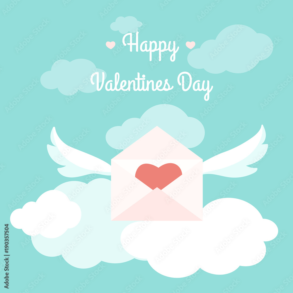 Happy Valentines Day greeting card template concept vector design illustration. Love letter open envelope pink red heart wings in white clouds. Light blue sky background.