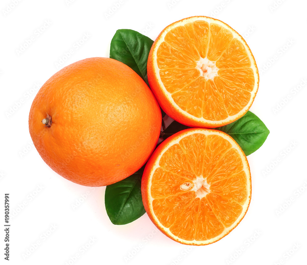 Orange with slice and leaf isolated on the white background. Flat lay pattern. Top view Orange with slice and leaf isolated on the white background. Flat lay pattern. Top view
